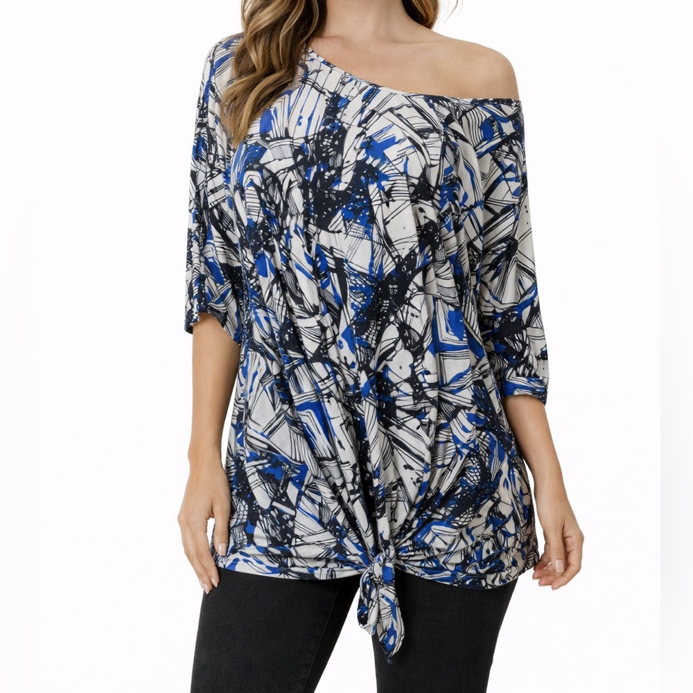 Cable & Gauge Abstract Print Tie-Front Blouse‎ Size 2X